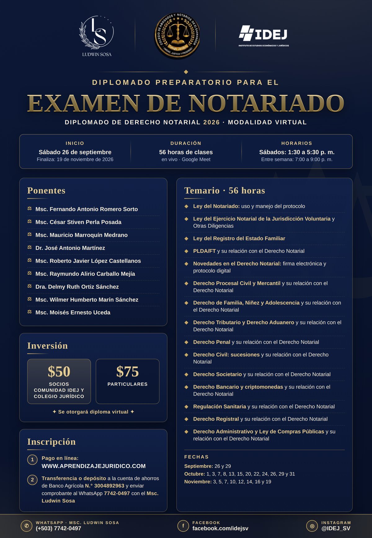 Afiche oficial del Diplomado Preparatorio para el Examen de Notariado 2026: 26 de septiembre al 19 de noviembre, 56 horas, $50 Comunidad IDEJ y $75 particulares